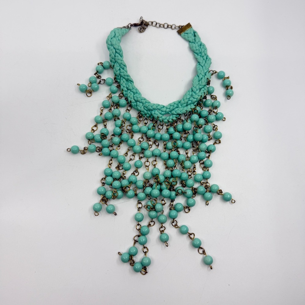 Turquoise Tone Blue Braided Statement Necklace Fringe Boho Festival Layer Gift - Picture 9 of 11